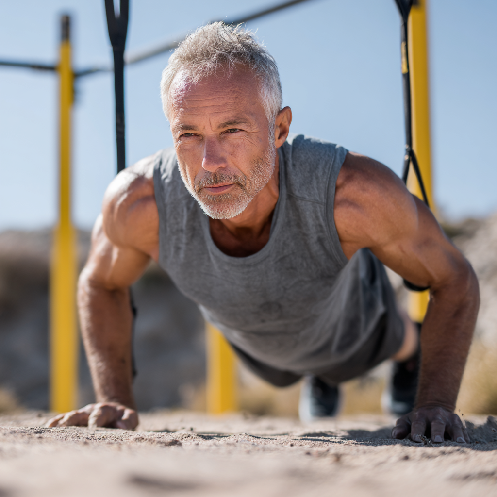 Mature man in his fifties performing functional fitness exercises outdoors