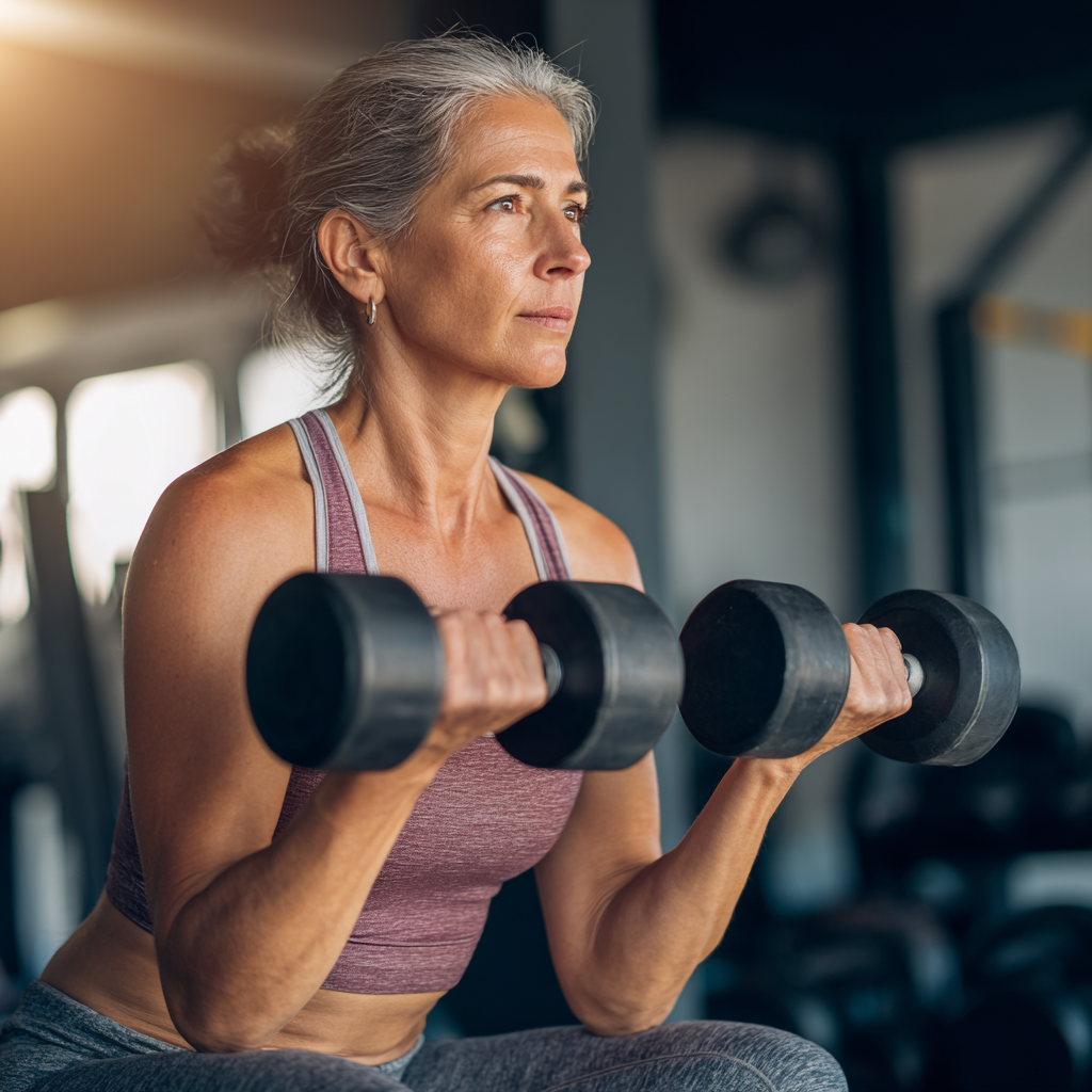 Middle-aged woman doing strength training with dumbbells in modern fitness center